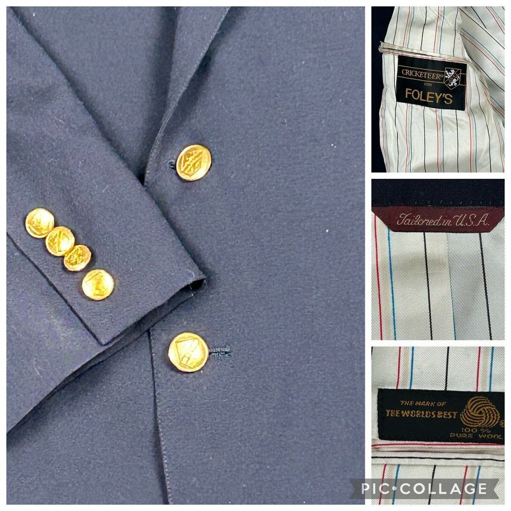 Vintage Cricketeer USA Mens Gold Buttons Blue Blazer Sport Coat Jacket 100% Wool